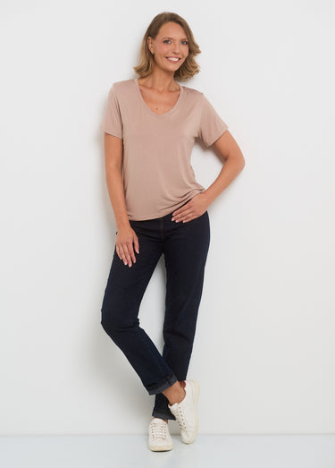 T-shirt fluide col V manches courtes Taupe