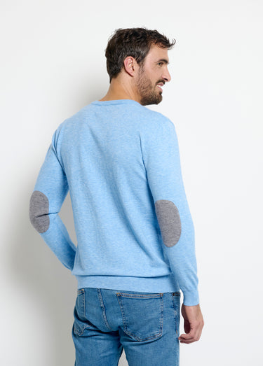 Pull col V maille empiècements coudes Bleu Chine