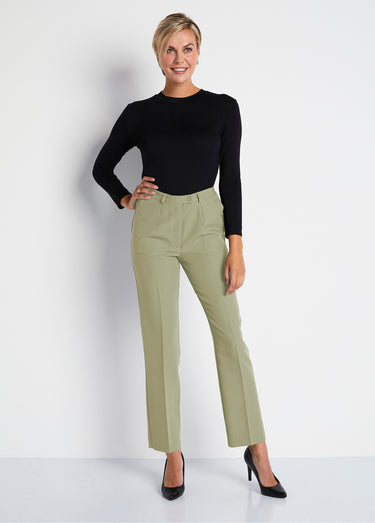 Pantalon droit taille semi-élastiquée tissu infroissable Vert Amande