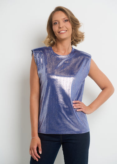 T-shirt métallisé sans manches col rond Bleu Brillant