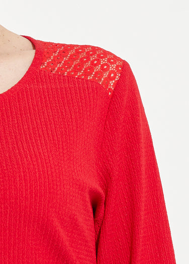 T-shirt maille gaufrée dentelle encolure bijou Rouge