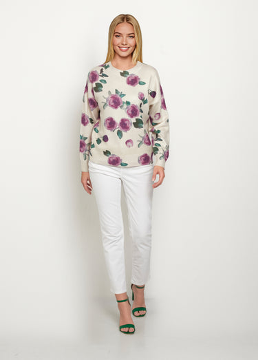 Pull maille métallisée, motif fleuri Ecru Imprime