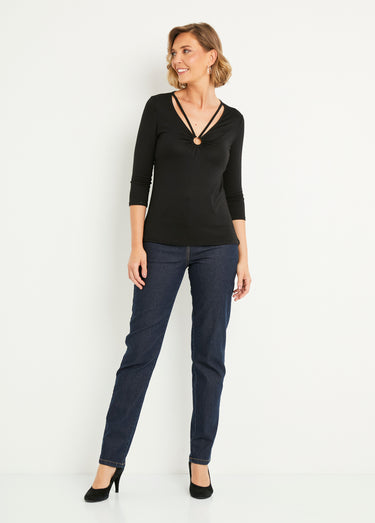 T-shirt court uni encolure en V Noir
