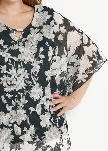T-shirt long fleuri manches chauve-souris Noir/Ecru