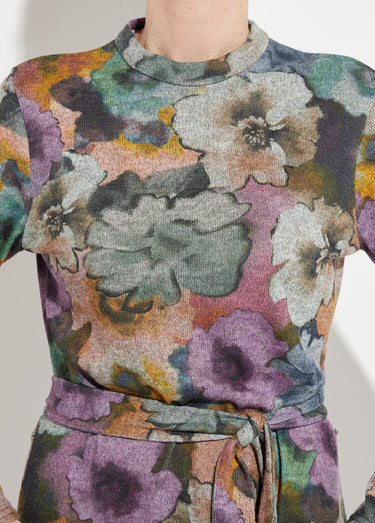 Robe fleurie ceinturée col montant chaude Gris/Parme