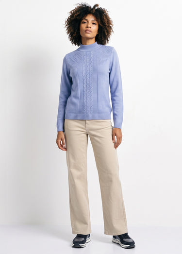 Pull doux torsades côtes strass col montant Bleu