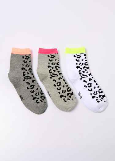 Chaussettes fantaisie léopard et fluo Rose Lot 3