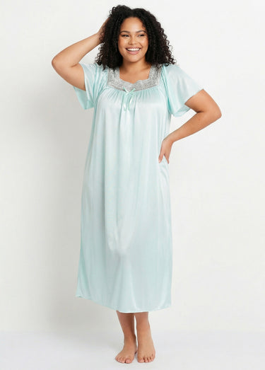 Chemise de nuit satinée longue antistatique dentelle Menthe