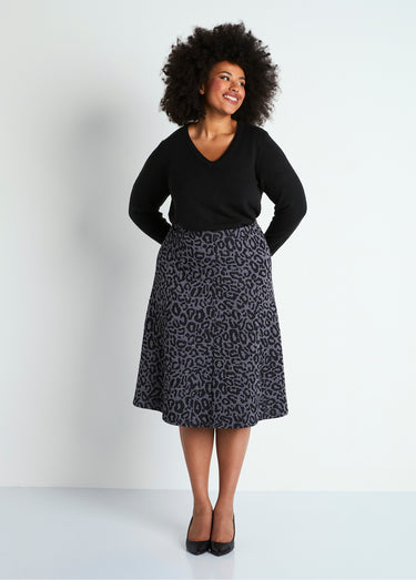 Jupe longue évasée maille jacquard Gris / Leopard