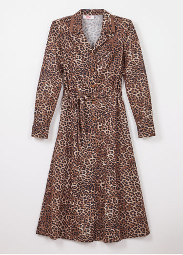 Robe mi longue col tailleur imprimé léopard Marron