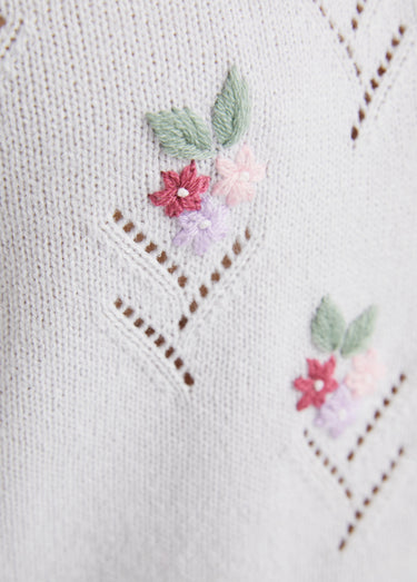 Pull doux uni brodé ajouré col rond Argent
