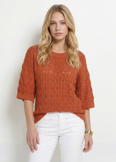 Pull manches courtes en maille ajourée Paprika