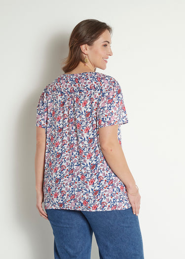 Chemisier fleuri col V manches courtes Bleu/Rose