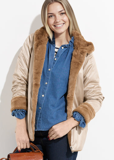 Blouson réversible déperlant et fourrure Sable/Camel