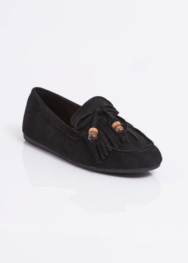 Mocassins plats, avec franges et perles Noir
