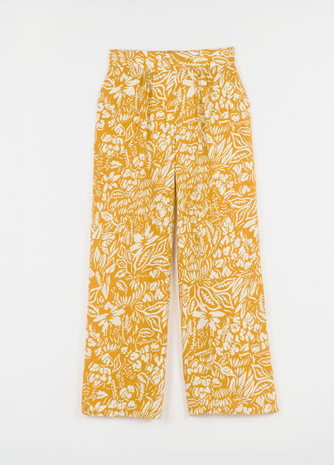 Pantalon large taille élastiquée fleuri ou uni Jaune/Ecru
