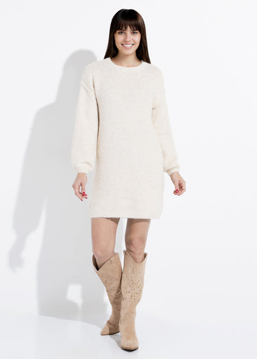 Robe pull courte en maille, col rond Beige