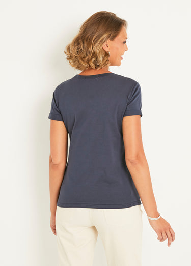 T-shirt col rond broderie coeur poitrine Marine