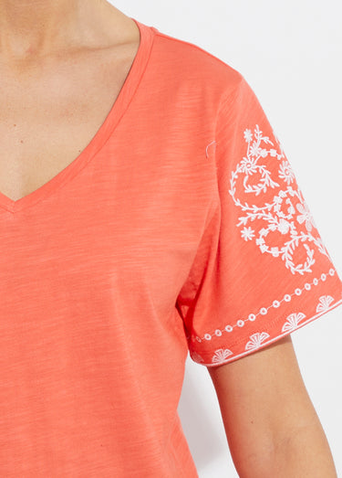 T-shirt col V brodé manches courtes Orange/Blanc