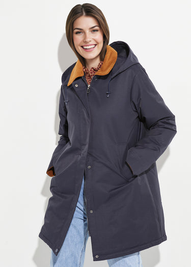 Parka déperlante longue avec col velours Marine/Camel