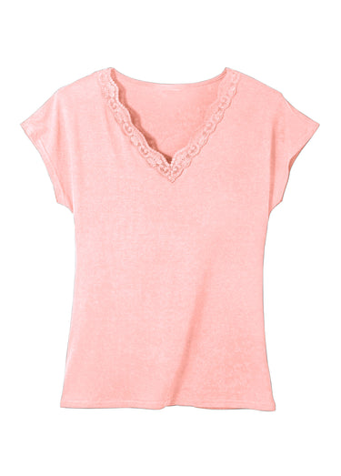 T-shirt court extensible dentelle Rose