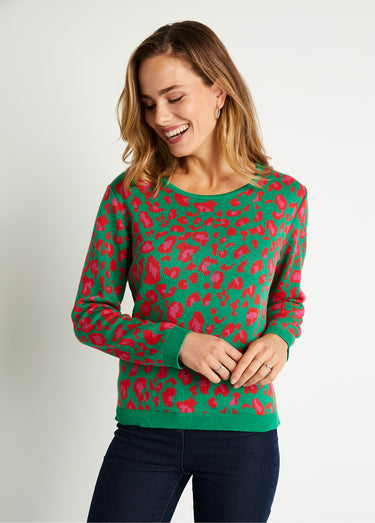 Pull motif léopard col rond Vert