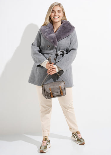 Manteau toucher laineux col fourrure Gris Clair