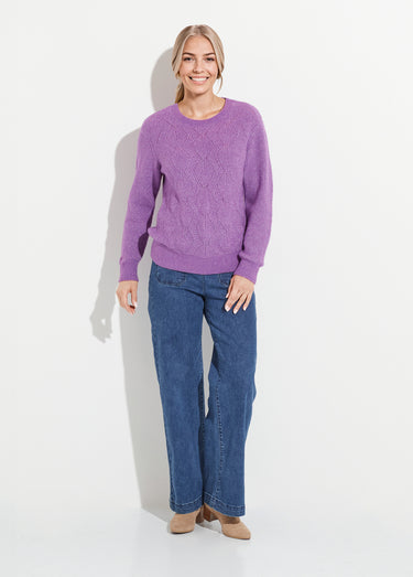 Pull doux maille ajourée fibres recyclées et laine Violet