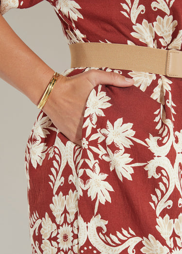 Robe longue à ceinturer imprimé fleuri Brique