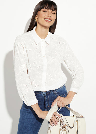 Chemisier coton rebrodé, motif fleuri Blanc