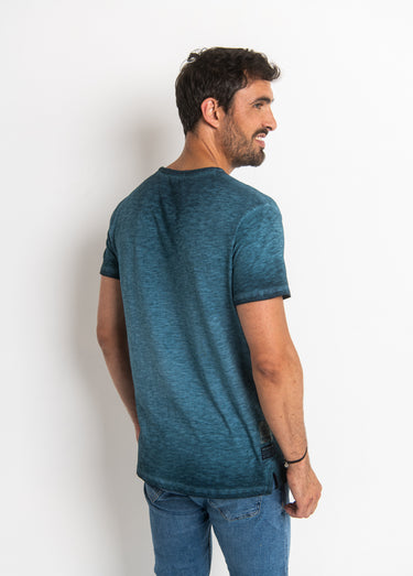 T-shirt col tunisien chiné avec motif Bleu