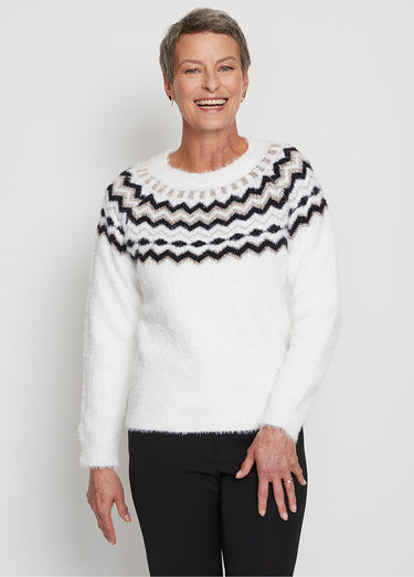 Pull col rond maille poilue jacquard soleil Blanc