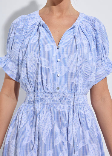 Robe longue smocks coton rayures et jacquard Bleu / Blanc