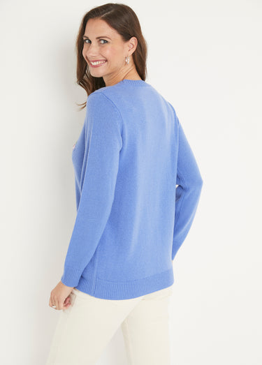 Pull doux uni brodé ajouré col rond Bleu