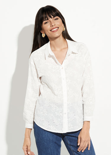 Chemisier coton rebrodé, motif fleuri Blanc