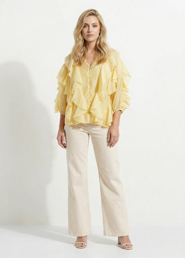 Blouse col V boutonnée à volants Jaune