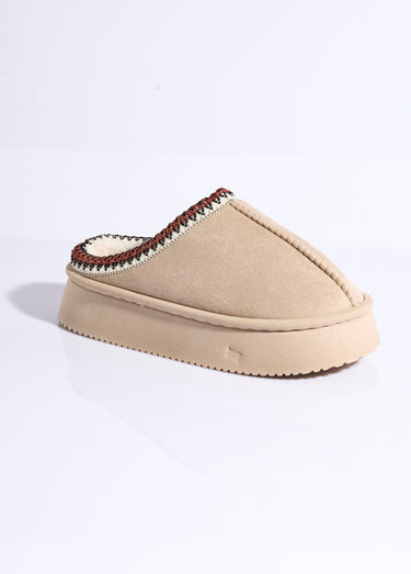 Mules suédine compensées, galon brodé Beige