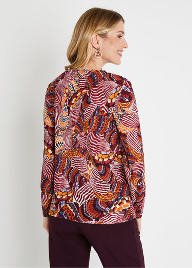 T-shirt court col croisé imprimé patchwork Bordeaux/Miel