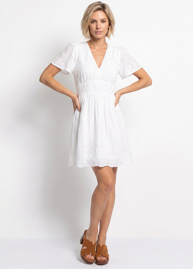 Robe courte col V et broderie anglaise Blanc