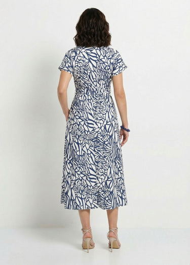 Robe longue col V motif graphique Marine / Blanc