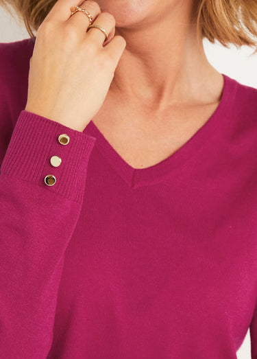 Pull fin col V jersey uni avec laine mérinos Cassis