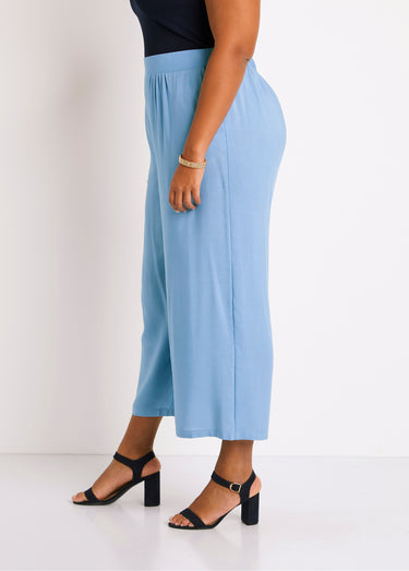 Pantalon large taille élastiquée fleuri ou uni Bleu