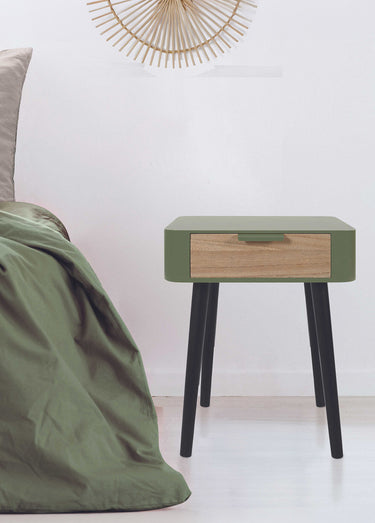 Chevet 1 tiroir, pieds compas en bois Vert Kaki