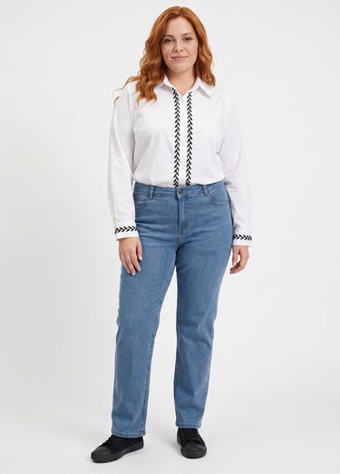 Chemisier popeline coton avec broderies Blanc/Marine