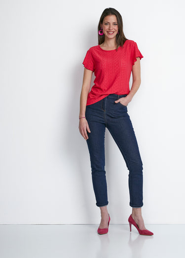 Tee-shirt manches papillon maille ajourée Framboise