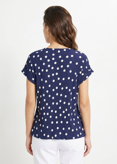 T-shirt ample imprimé pois col V Marine / Blanc