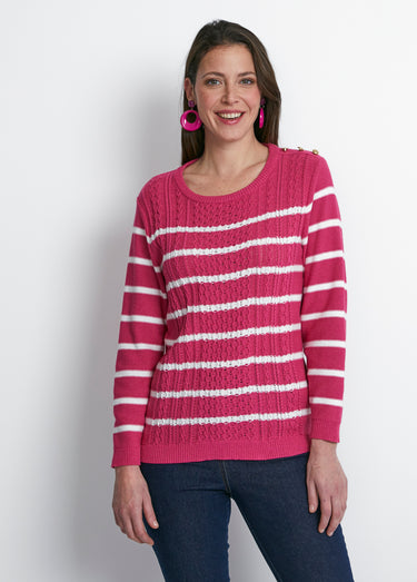 Pull rayures et boutons esprit marinière Framboise/Blanc