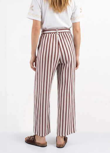 Pantalon rayé ceinturé, fils métallisés Marron/Ecru
