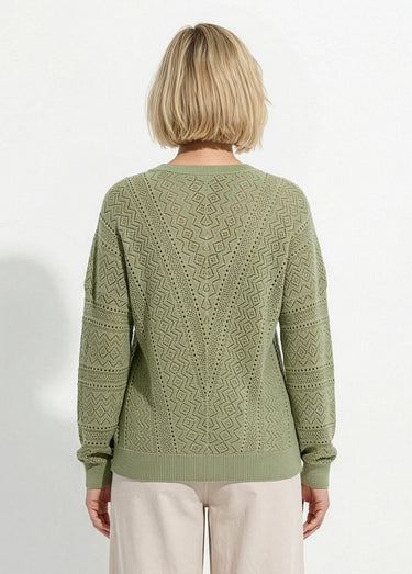 Pull maille ajourée col V Olive