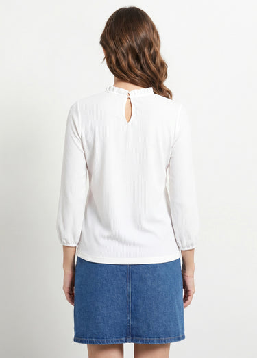 T-shirt blanc col montant volanté maille gaufrée Blanc